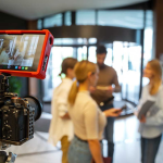 Equipo de rodaje grabando en un evento de marca